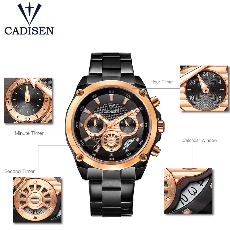 Top Brand Luxury CADISEN Mens Watch Full Steel Sport Watches Fashion Quartz Military Wrist Watch Re