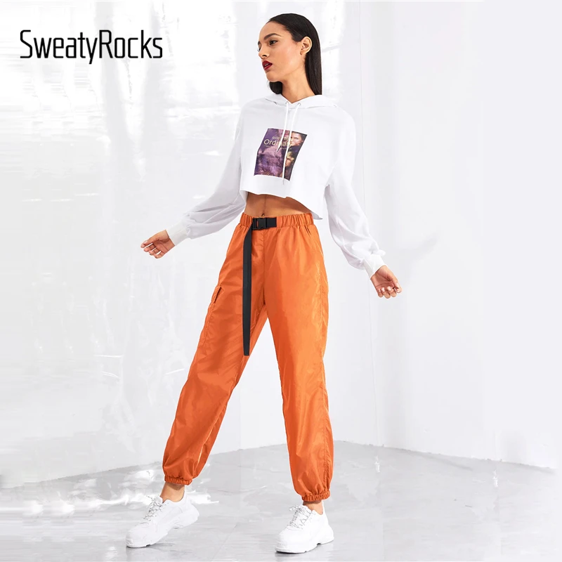 SweatyRocks Push Buckle Belt Front Pocket Side Pants Solid Casual Orange Tapered Trousers 2019 Spri