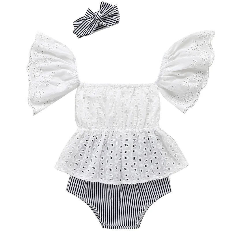 3pcs/set baby girl clothes Toddler Lace short sleeve Top+Stripe short+headband Newborn Infant clothing sets outfits - Цвет: as picture