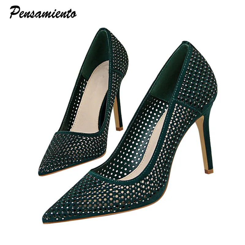 

2019 Spring Summer Women Pumps Bling Crystal Hollow out Thin high heels Female Shoes Shallow Slip-on Office shoes Woman Zapatos
