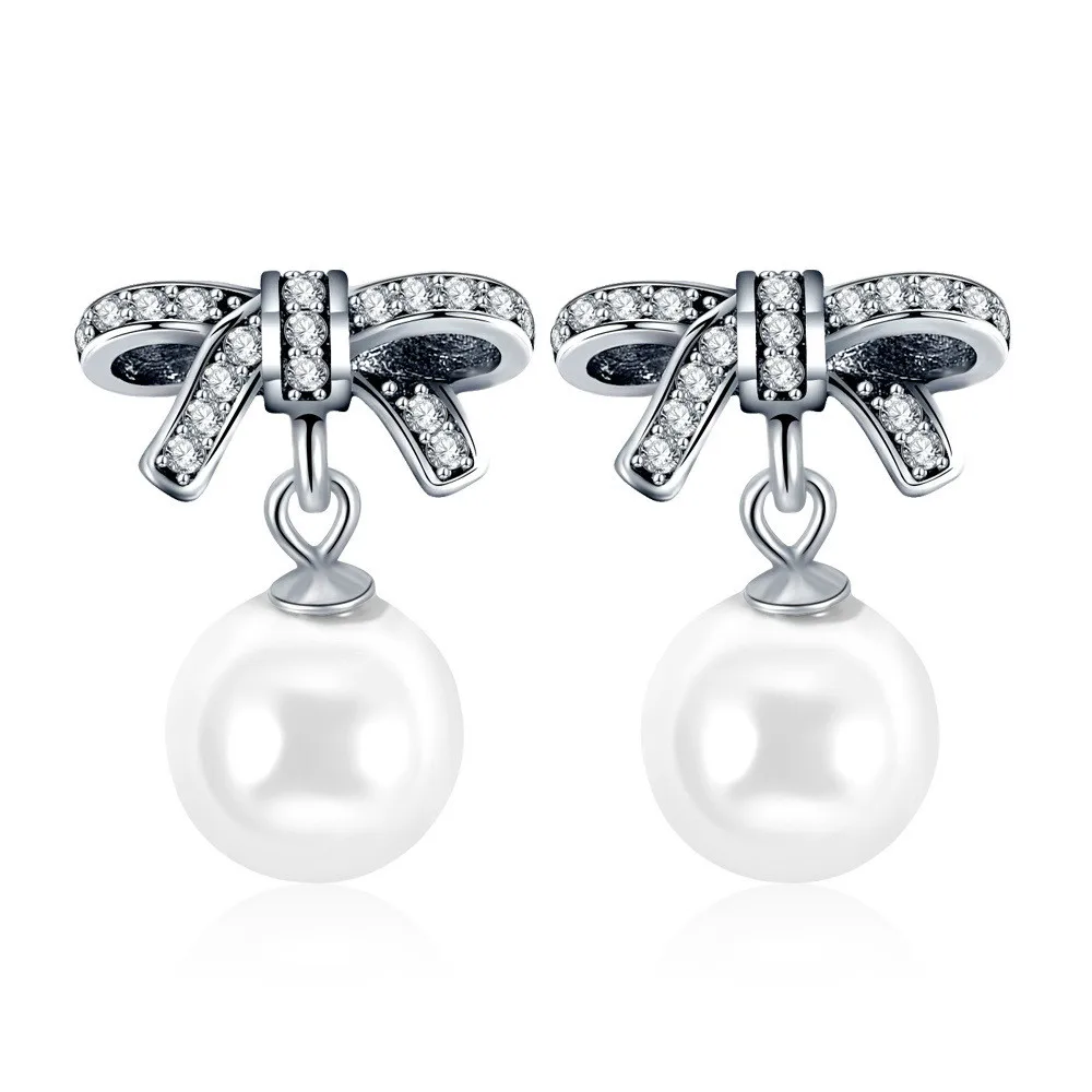 Silver Color Bow knot Pandora Earrings Simulated Big Pearl Drop ...