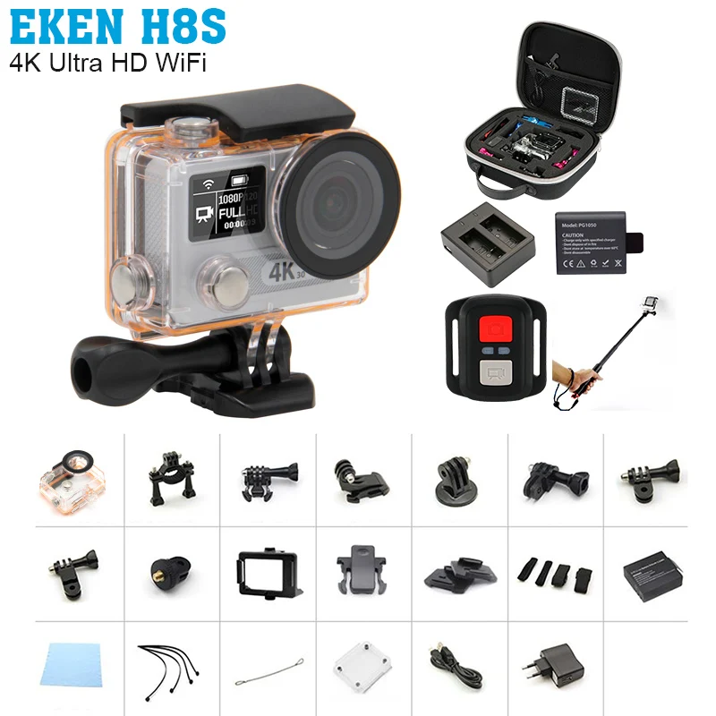 EKEN H8S Remote Control Action camera 4K 30FPS FHD WiFi Ambarella A12S75 Sport DV Action Cam Batteries + Monopod + Bag+charger