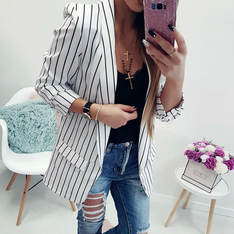 

Fashion Autumn Casual Coat Slim Fit Women Formal Jackets Office Work Open Front Notched Striped Ladies Coat