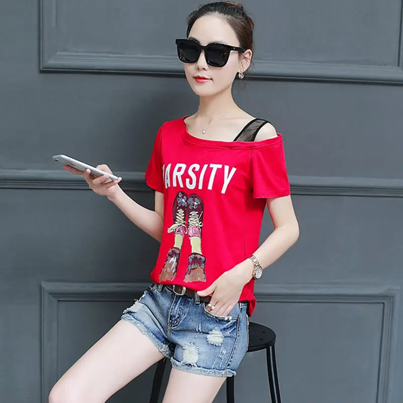 

Summer casual women's short sleeve T-shirt 2019 new loose off-shoulder print tops female sequined green Tees fashion t-shirts
