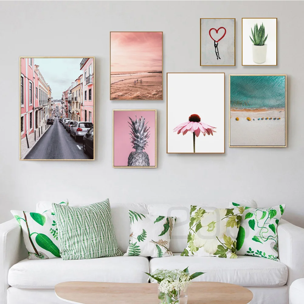 

Pink Sea Beach Street Pineapple Flower Landscape Nordic Poster and Prints Wall Art Canvas Painting Wall Pictures for Living Room