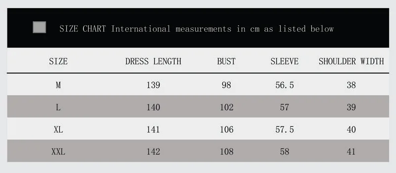 Muslim Arab Women Size Chart