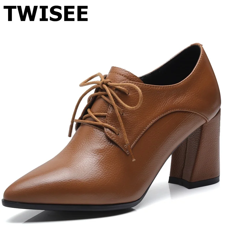 

zapatos mujer Pumps genuine leather shoes new style fashion point toe hoof heels 7.5 cm woman casual shoes comfort cross tied