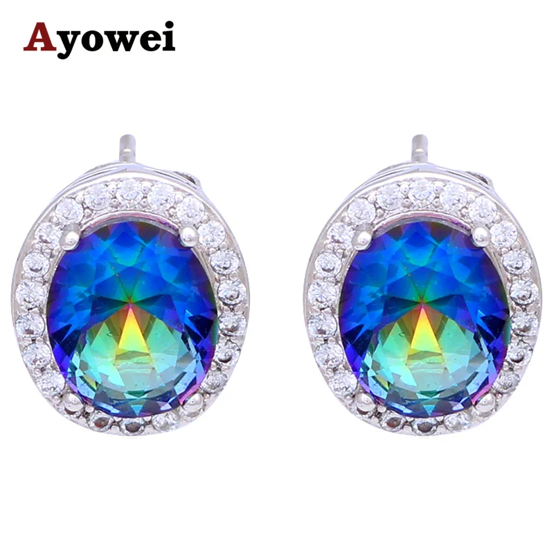 

Shiny Rainbow Mystic Crystal Silver Zirconia Stud Earrings Health Nickel & Lead Free Party Fashion Jewelry JE974A
