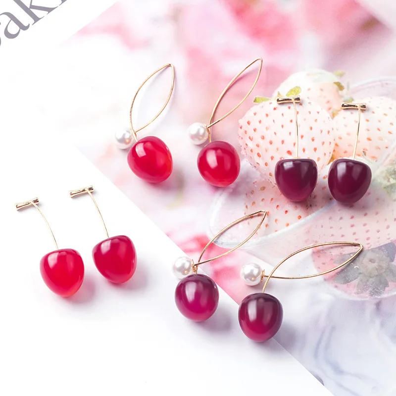 

Gradient Red Cherry Pearl Earrings for Women 4 Style Korean Simple Sweet Round Dangle Earrings Fruit Accessories Jewelry Gifts