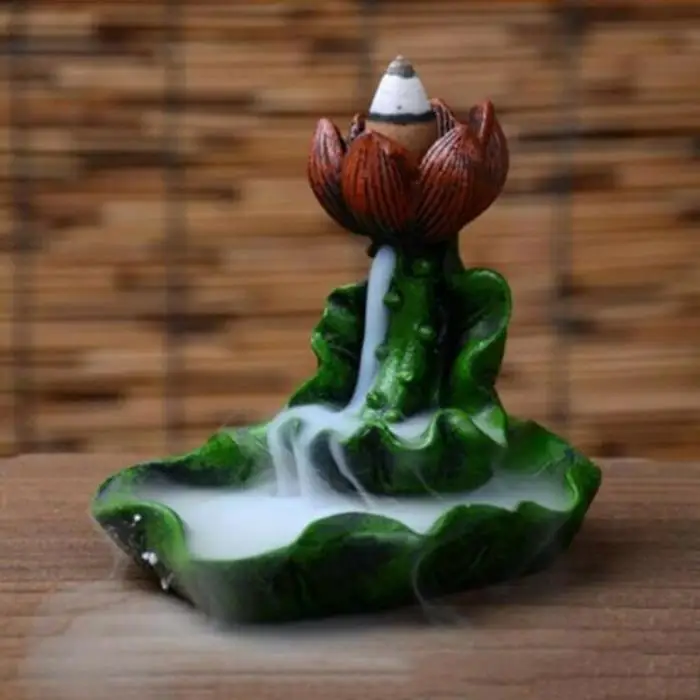 Lotus Leaf Flower Buddhist Incense Holder Backflow Censer with 10Pcs Incense Cones LXY9 AP22