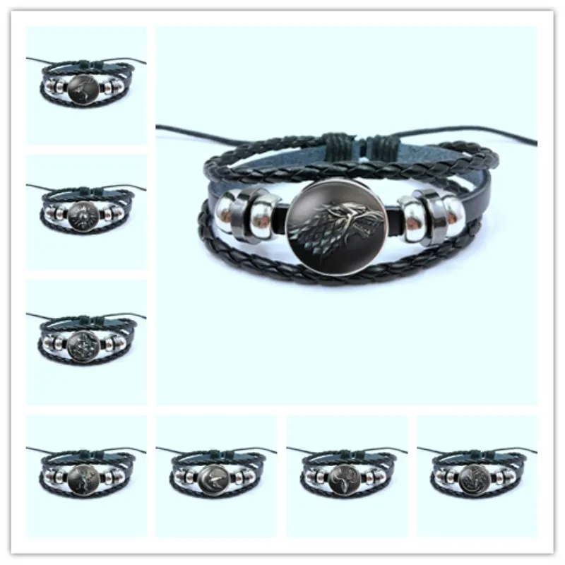 

Game of Thrones House Stark Leather Bracelet Hot Movie Multilayer Casual Fashion Button Braided Leather bracelets Bead Bracelet