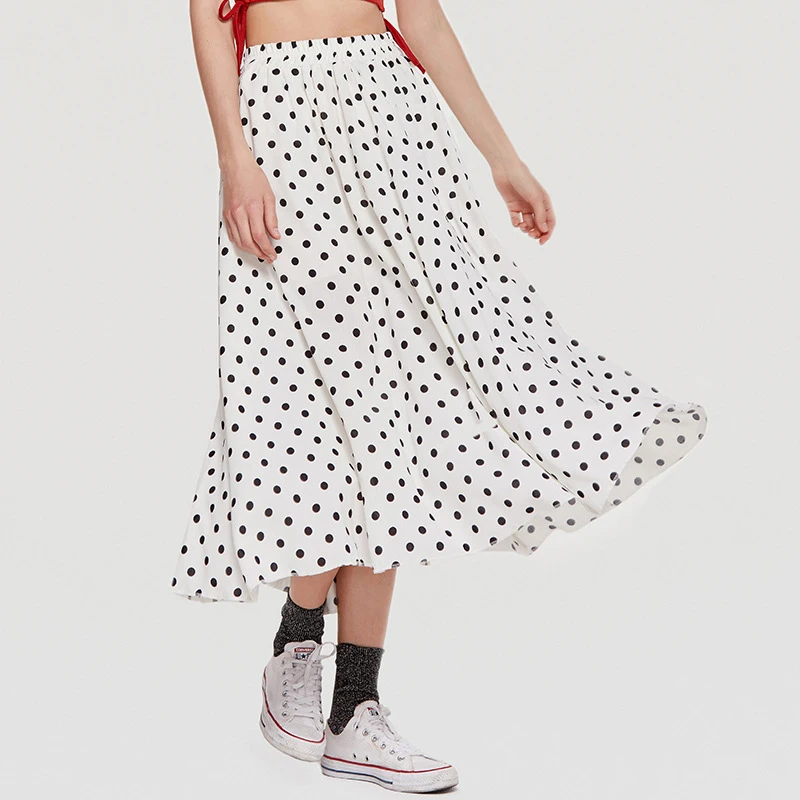 

Wasteheart Black Red White Summer Women Skirt High Waist A-Line Mid-Calf Long Skirt Sexy Casual Chiffon Dots Plus Size XXL