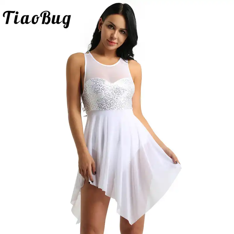 inlzdz Lyrical Women Adult Sequins Ballet Dance Flowy Dress Criss-Cross Camisole Dancing Leotards