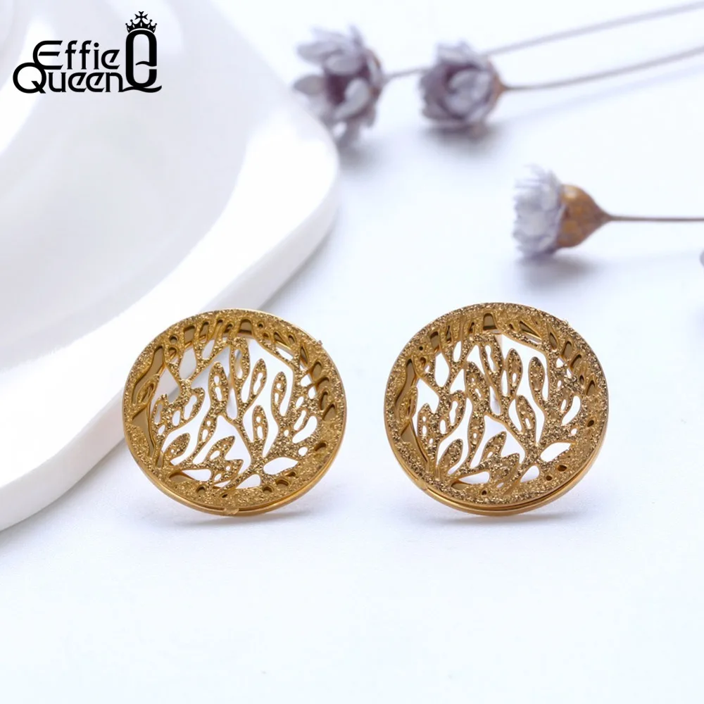 

Effie Queen Stainless Steel Stud Earrings For Women Frosting Surface Tree of Life Gold-color Round Earring Party Jewelry DGTE124