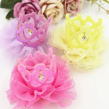 

Wholesale Price 20PCS/Lot Jewelry Chiffon Flowers with Glitter Princess Crown Decoration Mixed Color Flatback Handmade Flowers