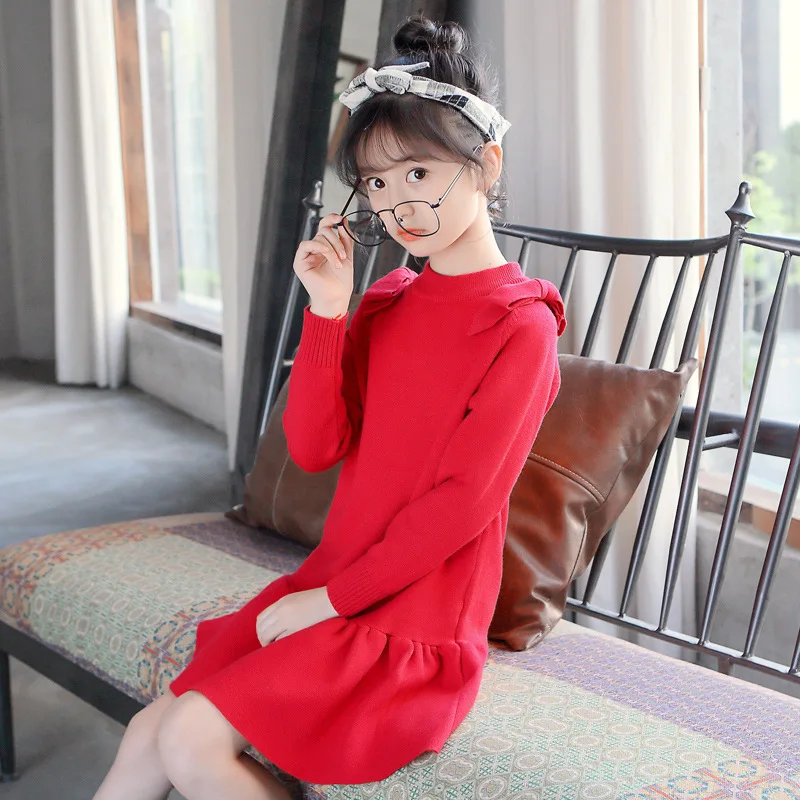 Elegant Girls Autumn Winter Sweater Dress 4 6 8 10 12 to 14 Years Long Sleeve O-neck Red Dresses Kids Girl Christmas Dress 56A2A Elegant Girls Autumn Winter Sweater Dress 4 6 8 10 12 to 14 Years Long Sleeve O-neck Red Dresses Kids Girl Christmas Dress 56A2A