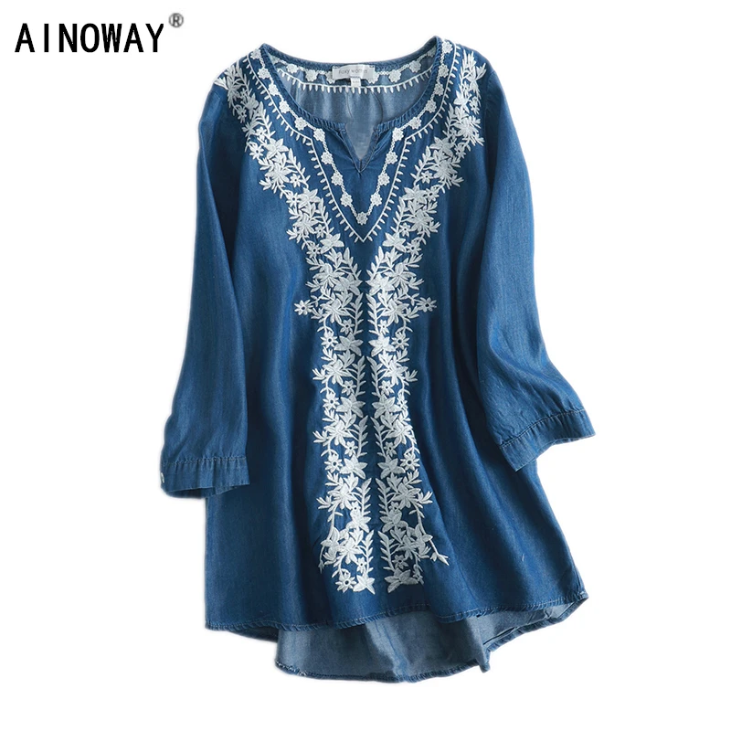 

Vintage chic women Floral embroidery beach bohemian denim blouse shirt long sleeve v-neck loose Boho jeans shirts
