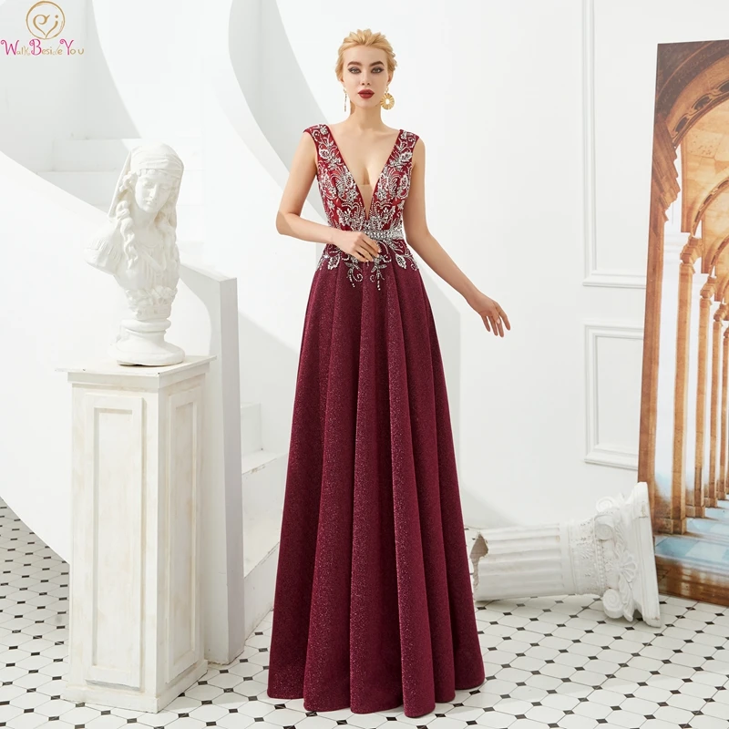 

In Stock Sexy Deep V Neck Wine Red Evening Dresses 2019 New Sleeveless Long Robe Femme Formal Party Prom Gowns Walk Beside You