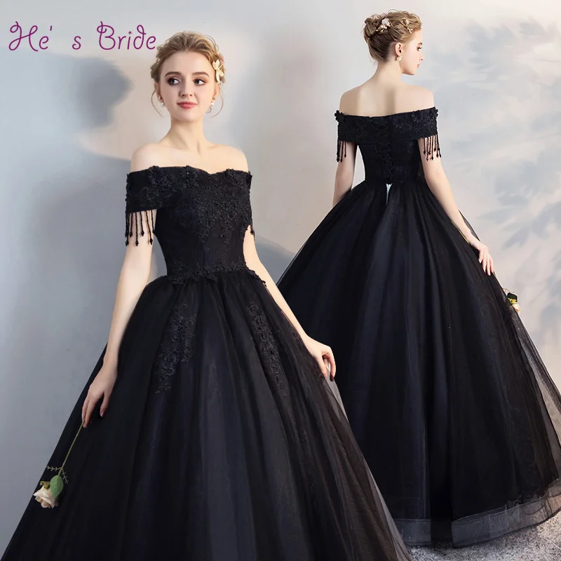 

He's Bride New Sexy Elegant Black Bridal Dresses Boat Neck Lace Up Back Floor-Length Wedding Dress Custom Vestido De Novia