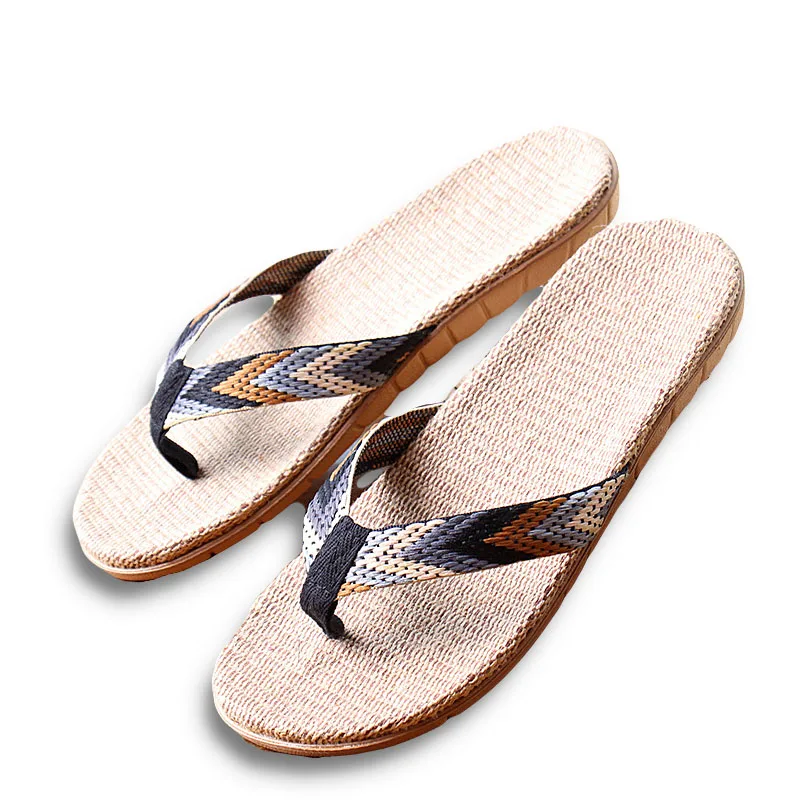 New Summer Men Linen Flip Flop Striped Ribbon Sandals Flat EVA Non Slip ...