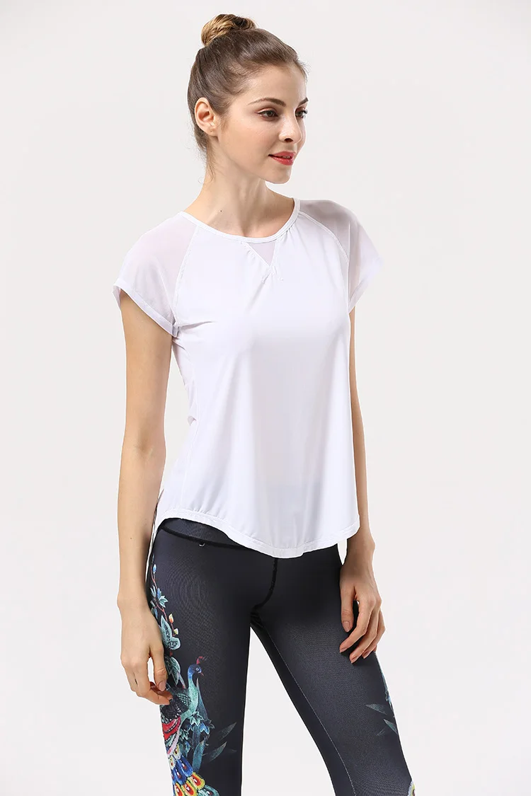 Белая женская футболка с коротким рукавом, эластичная, для йоги, сетчатая, Спортивная футболка, для фитнеса, женская, для спортзала, бега, черные топы, футболка