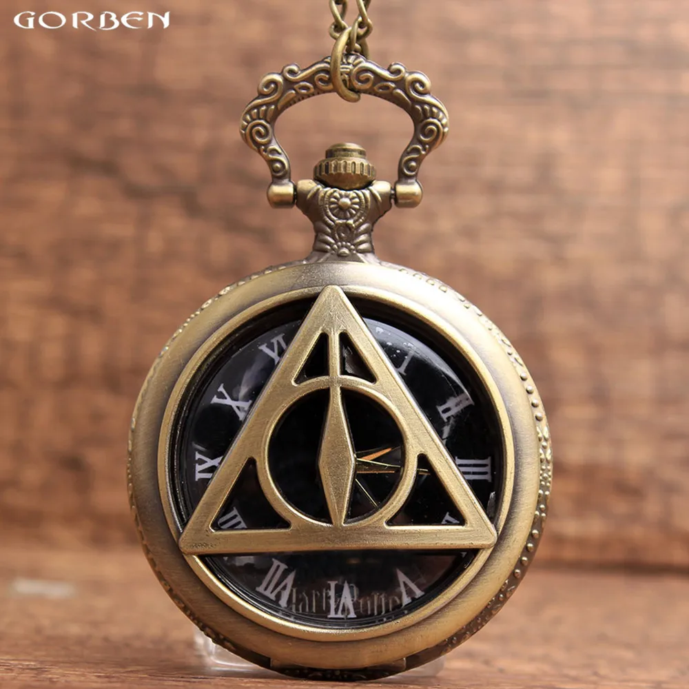 Harry Potter and The Deathly Hallows Pocket Watch Unique Triangle Design Quartz Pocket Hot Selling Men Watch Vintage Gifts european and american movies aladdin and the magic lamp quartz pocket watch do the old flip quartz watch chain table ds274