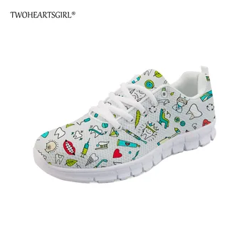 

Twoheartsgirl Leisure Women Shoes Lace Up Dental Pattern Print Mesh Sneakers Breathable Spring Flat Walking Shoes Plus 45