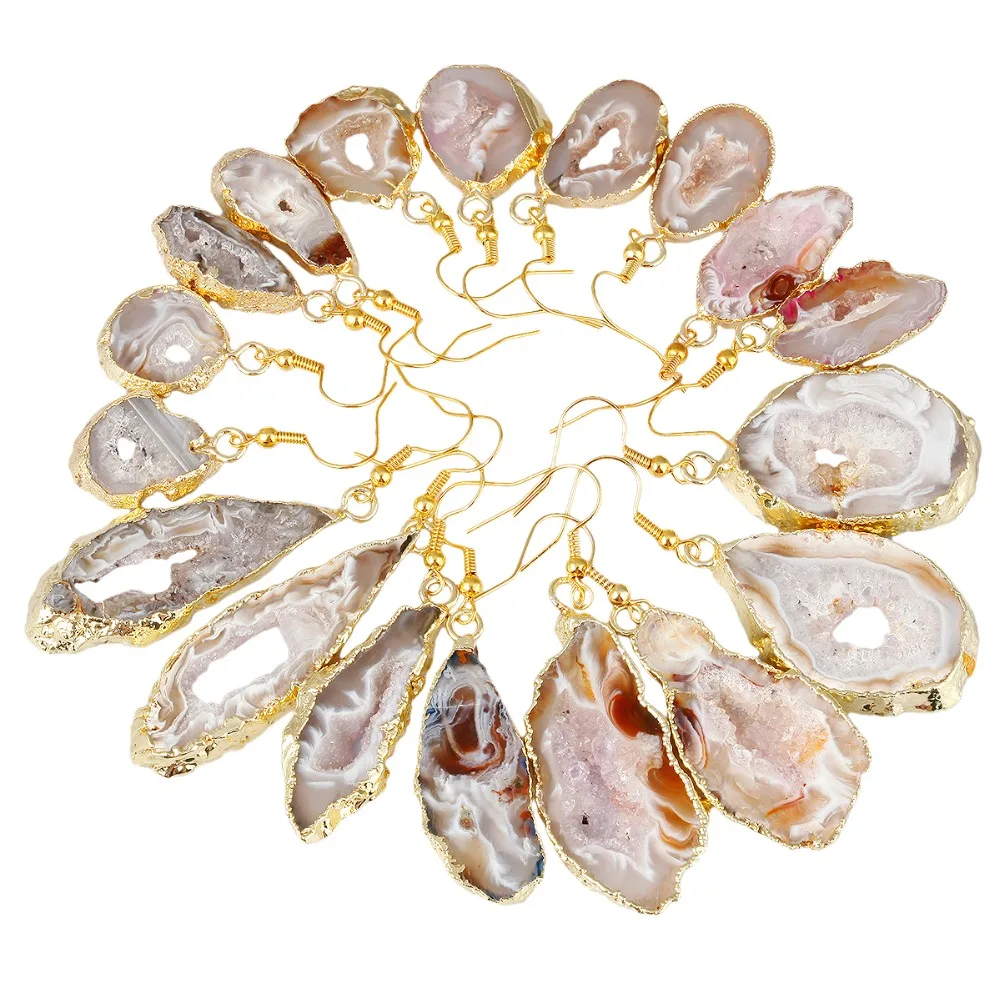 TUMBEELLUWA Freeform Irregular Natural Agate Quartz Geode Druzy Slice Drop Dangle Hook Earrings Trendy Women Jewelry Fashion