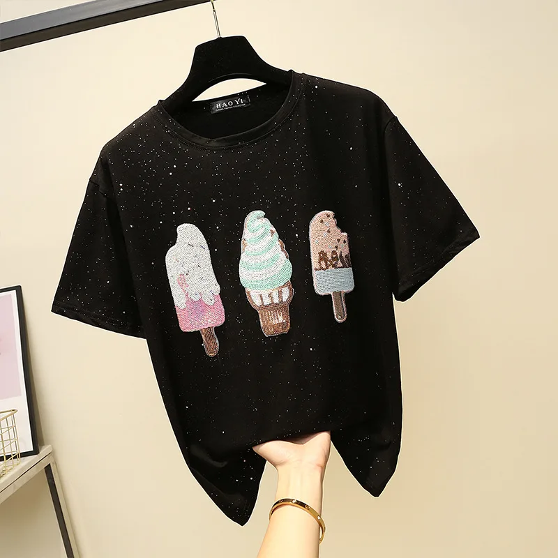 

New Fashion Women Sweet Ice Cream Print T shirt Femal Sequins Embroidery T-shirt Casual Top Tees Plus Size