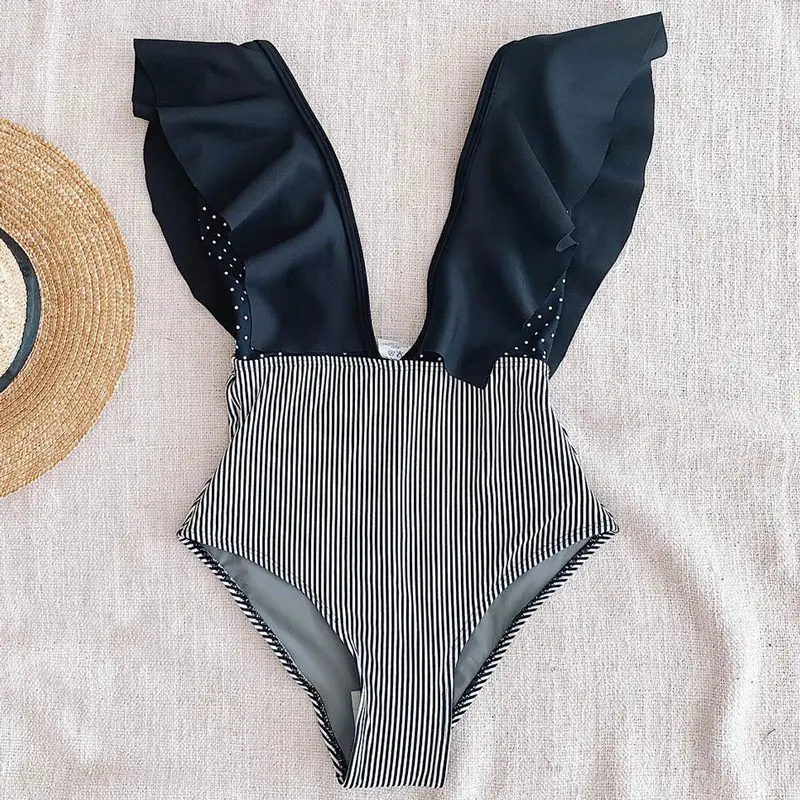 Сексуальный цельный купальник женский купальник пуш-ап Монокини боди с оборками Купальник с вырезами купальный костюм летняя пляжная одежда - Цвет: Striped