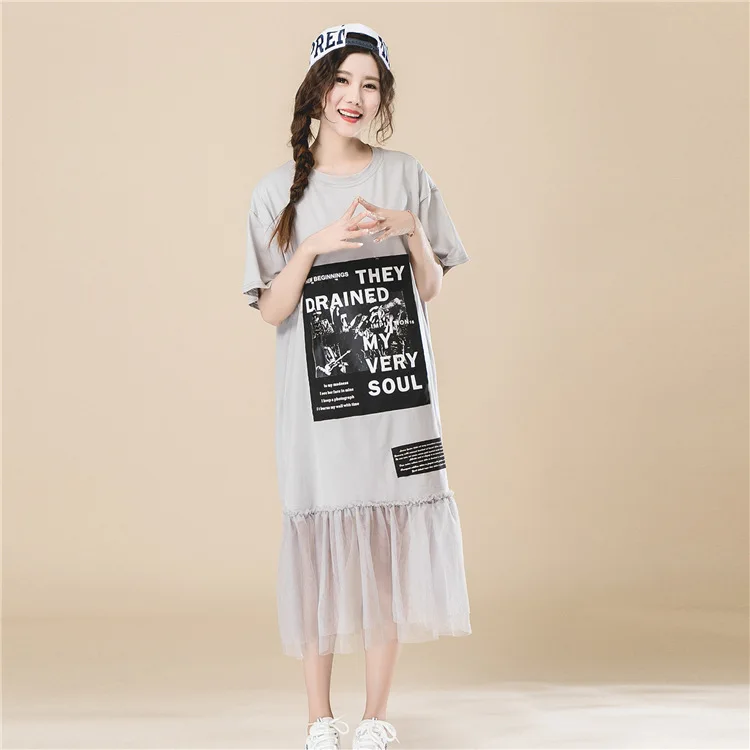 Summer Loose Oversize Stitching Mesh Dress Women 2018 Korean Fashion Patch Print Short Sleeve T Shirt Dress Plus Size Gray
