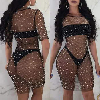 

Sexy Bandage Dress New Summer Dress Short Sleeve Mesh Sequined Pencil Bodycon Dress Female Dresses