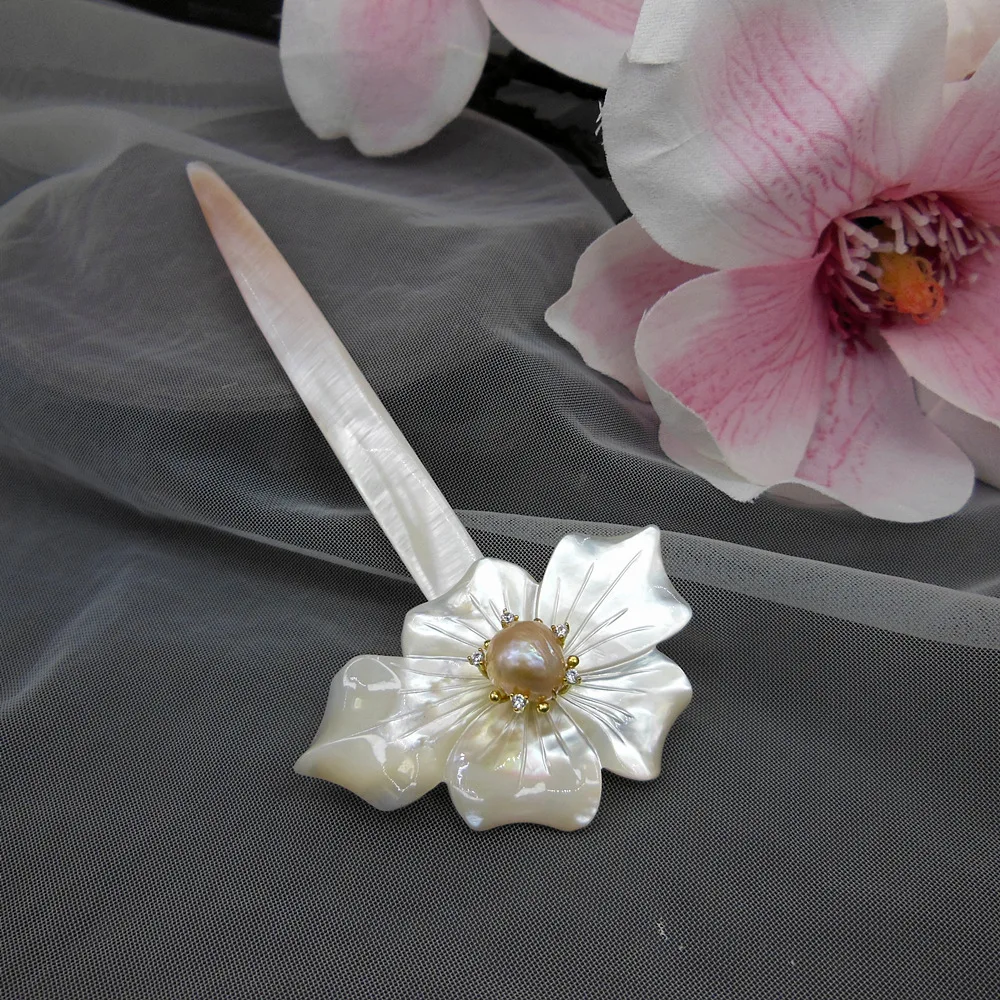 

Natural Shell Flower Bridal Hair Stick Freshwater Pearl Wedding Hair Pins Jewelry Pince Femme Bijoux Cheveux WIGO1412