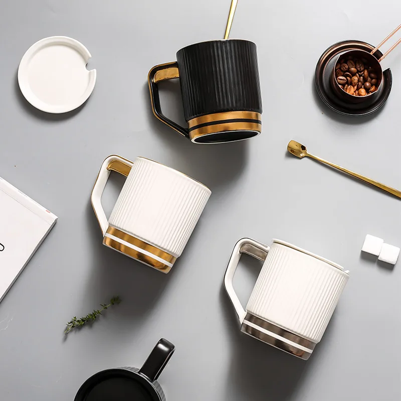 

Mug with lid spoon coffee cups porcelain white black stripe tea cup home drink teacup tazas de cafe Office Water cup