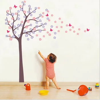

New Huge Tree Blowing Cherry Blossom Wall Decals Nursery Tree Flowers Butterfly Art Home Decor Wall Stickers For Kids Rooms