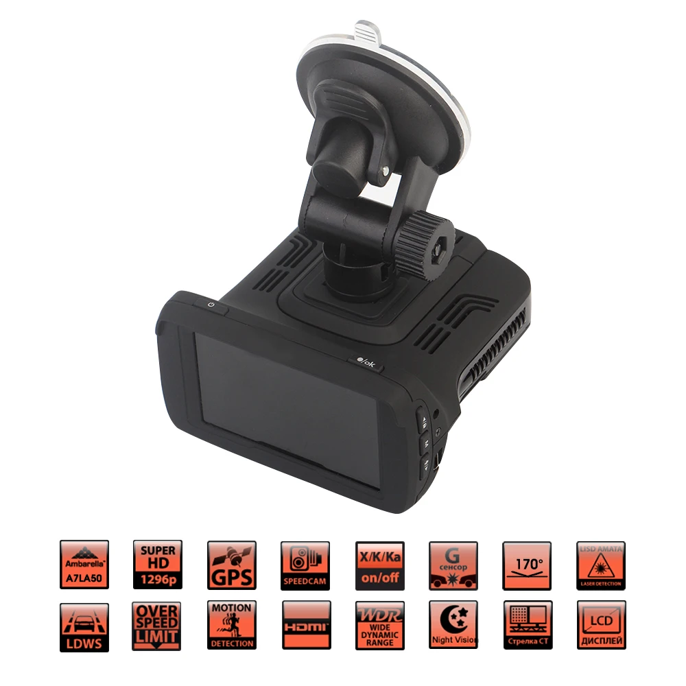 RUCCESS Car DVR Radar Detector GPS 3 in 1 Car-detector Camera Full HD 1296P Speedcam Anti Radar Detectors Dash Cam 1080p WDR