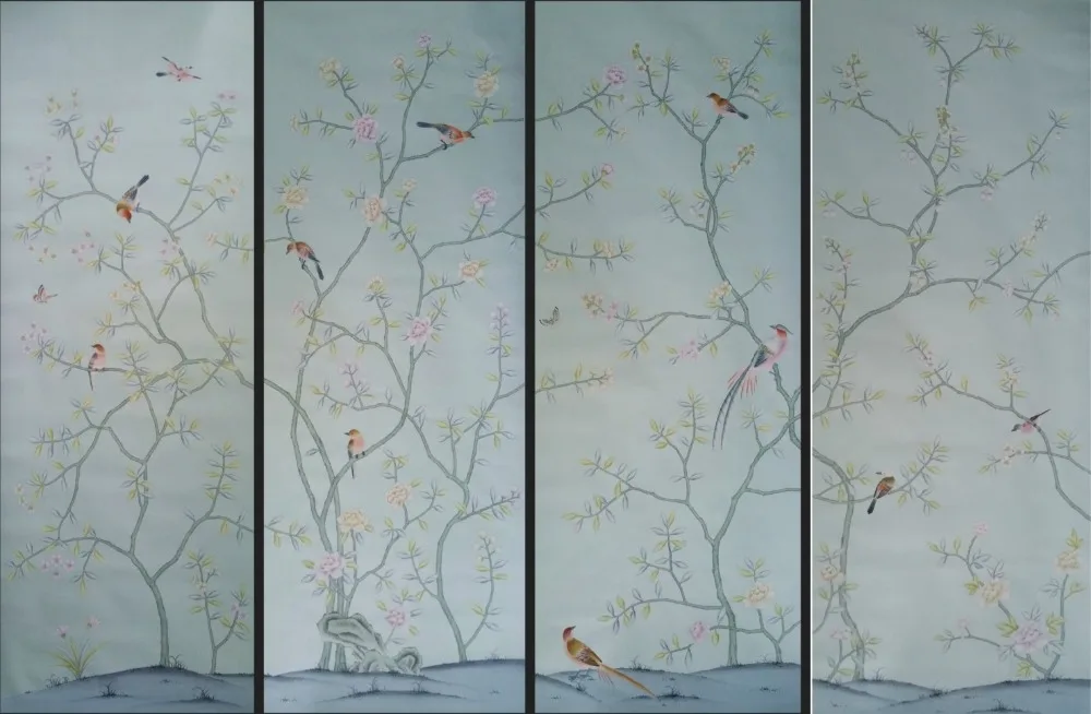 Горячие продажи классический элегантный ручная роспись шелковые обои цветы с птицами обои много искусства и фона опционально