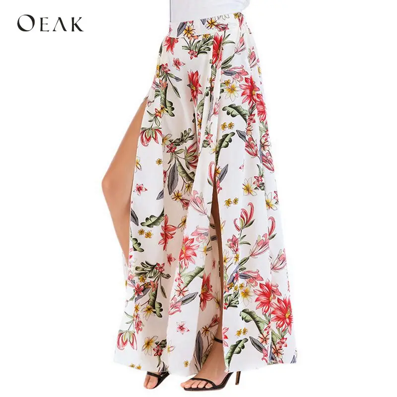 

OEAK 2018 Floral Print Wide Leg Pants Women Summer Elastic Waist Chiffon Long Split Trousers Casual Boho Beach Pantalones Mujer