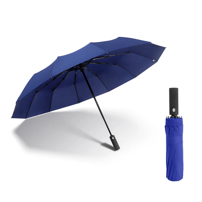 

High quality Fully-automatic 3 Folding Male Commercial Compact Large Strong Frame Windproof 12 Ribs Gentle Black Umbrellas
