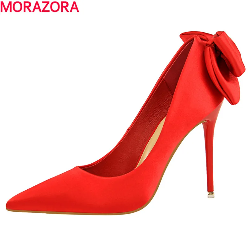 

MORAZORA Big size fashion summer solid sweet bowknot shoes woman stiletto high heels pointed toe women pumps hot sale