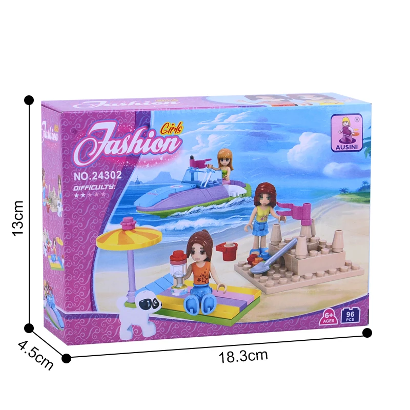 AUSINI Princess Girls Figure Blocks Beach Boat Kids Model Building Bricks Kits Creative DIY Toys for Children Legoed Compatible