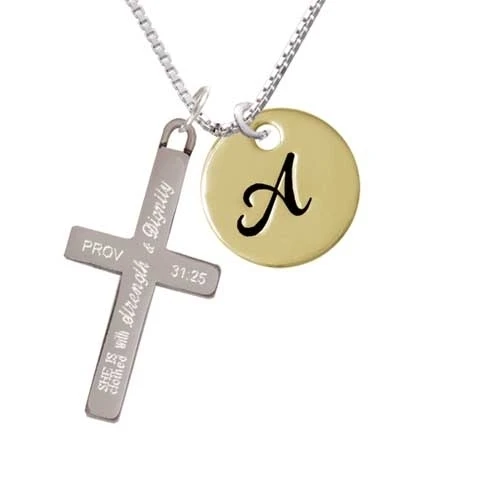 Large Gold Tone Disc Letter - A - 3/4'' - Strength and Dignity - Cross Necklace (1)