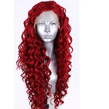 Bombshell красный Свободный кудрявый синтетический парик фронта шнурка Glueless термостойкие волокна волос естественная линия волос свободный пробор для женщин
