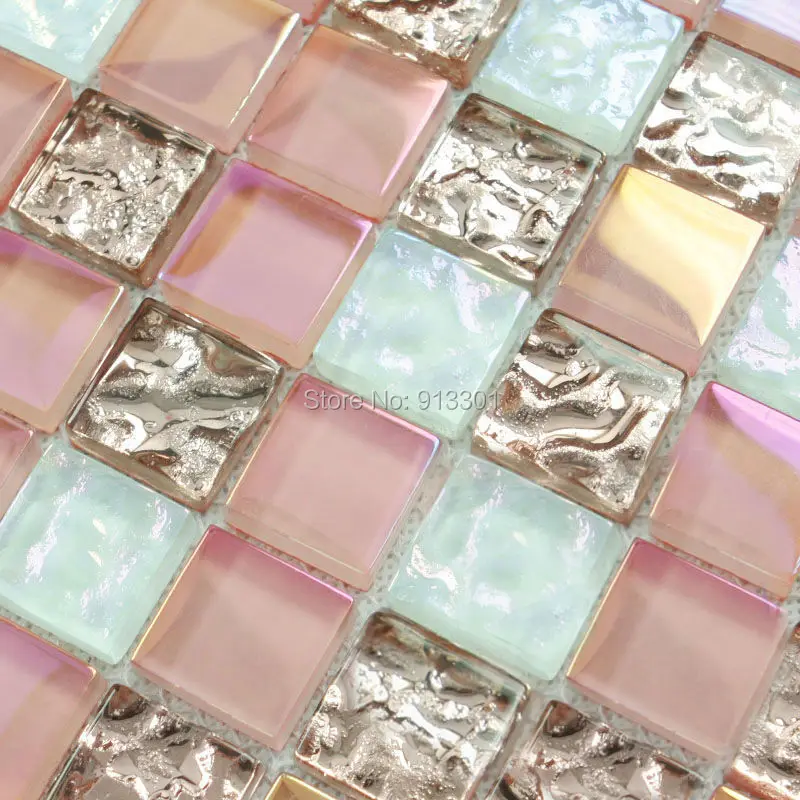 glass mosaic pink wall tiles kitchen back splash crystal glass tile