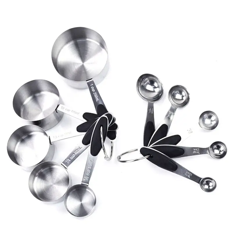 

10pcs/set Stainless Steel Measuring Cups Measuring Spoon Scoop Silicone Black Handle Kitchen Tool