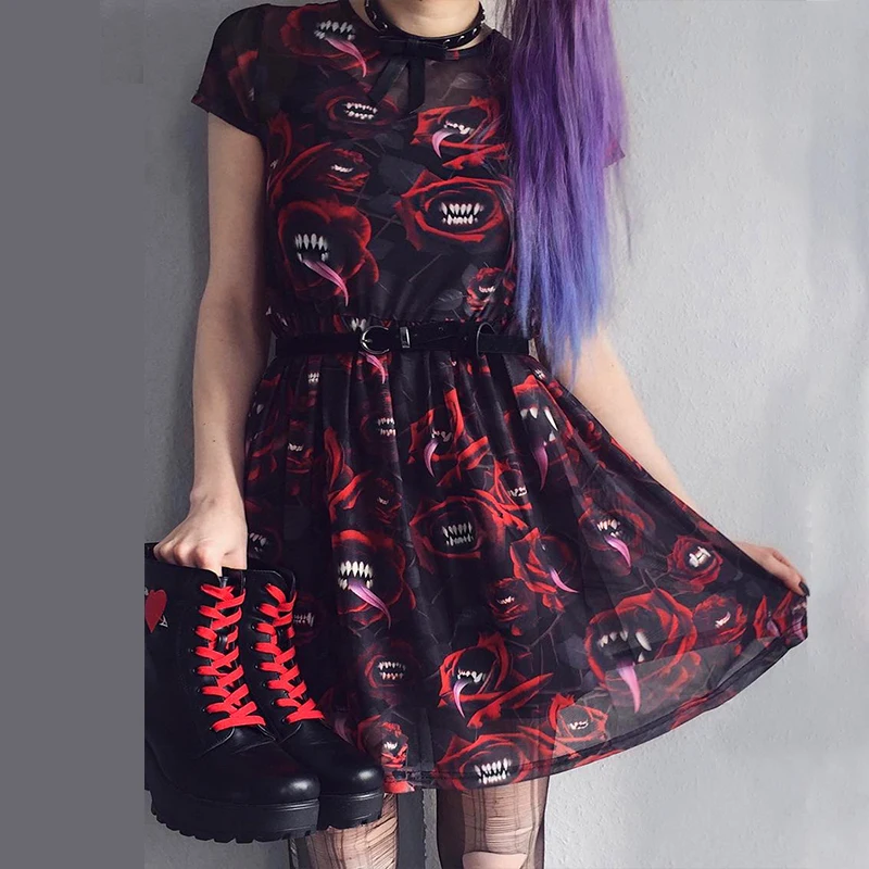 

Women Mesh Sexy Dress Gothic Punk Black Red Mini Short Sleeve Dress Print Patchwork See-through Party Club Hallowen Cool Dresses