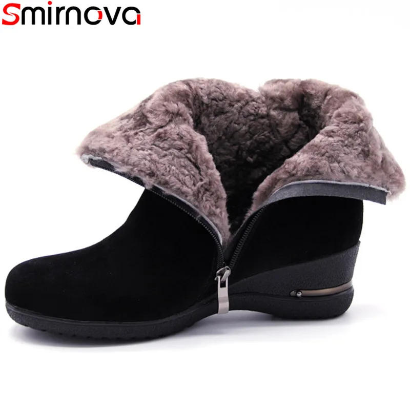 

Smirnova 2020 winter boots women round toe zip suede leather boots wedges shoes black keep warm snow ankle boots women