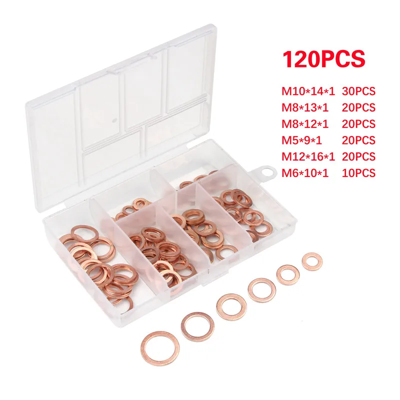 

120Pcs M5/M6/M8/M10/M12 5Sizes Copper Washer Gasket Set Flat Ring Seal Kit Set For Generators Machinery With Box