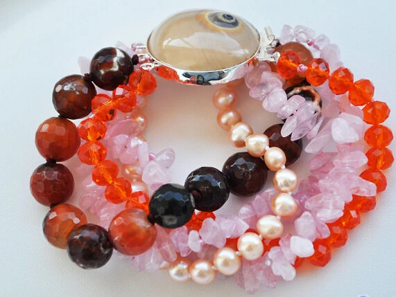 

FREE SHIPPING>>>@@ > 01265 5row 8" red agate pink crystal pearl bracelet