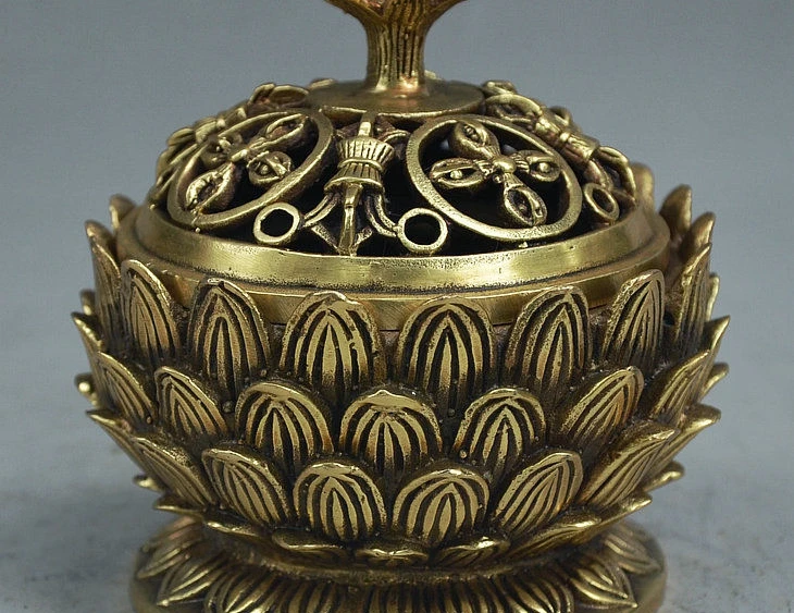 

9" Marked China Buddhism Royal Temple Brass Lotus Flower Incense Burner Censer